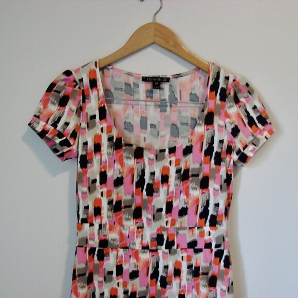 Femme Multicolour Midi Dress Short Sleeve Ruffle Hem Office Work Size Small - Picture 2 of 11